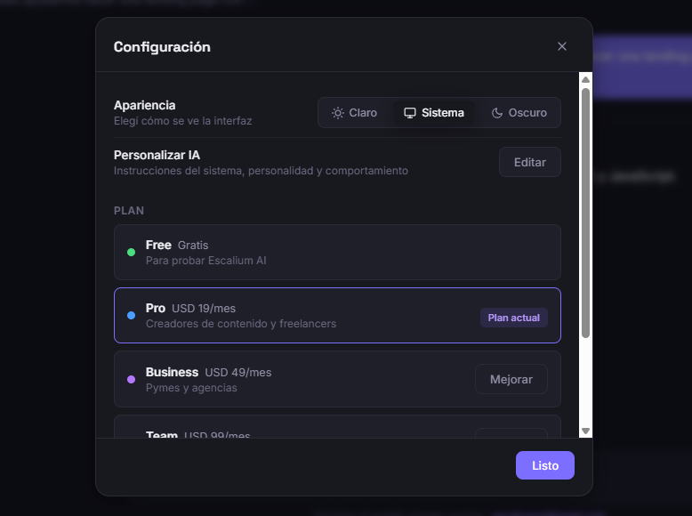 Selector de planes de Escalium AI